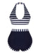 Maillot de bain bleu foncé à rayures dos nu des années 1930