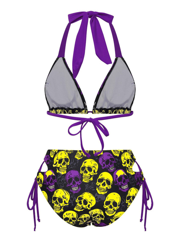Maillot de bain dos nu tête de mort multicolore des années 1950