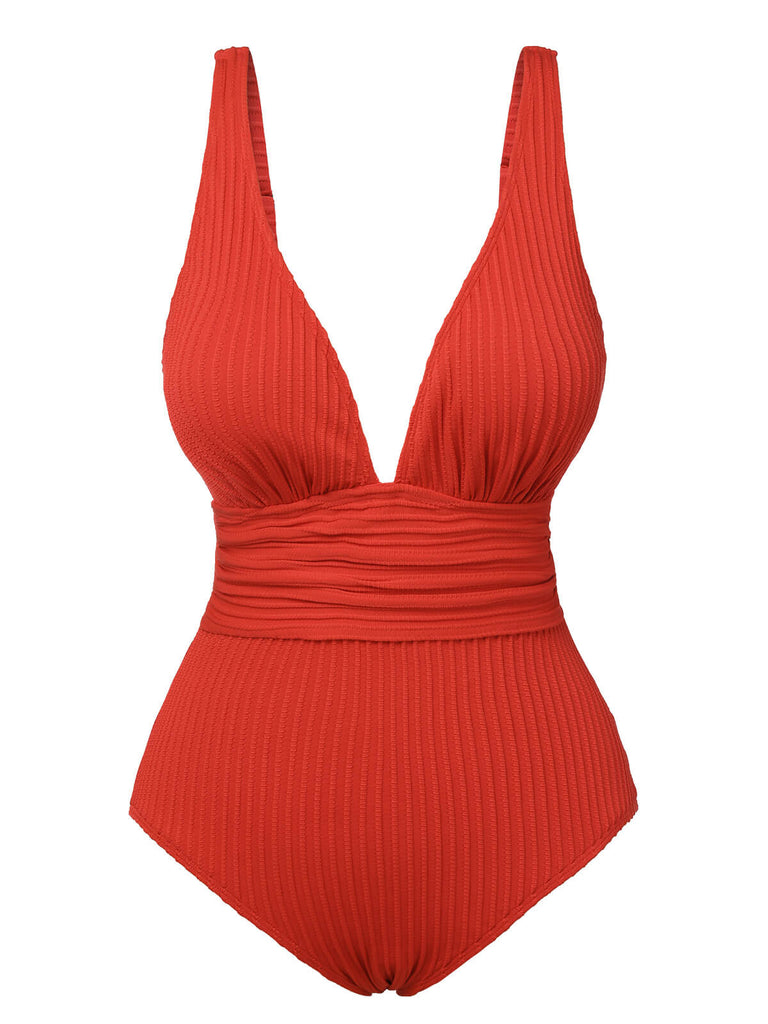 Maillot de bain une pièce rouge uni Col V profond des années 1950