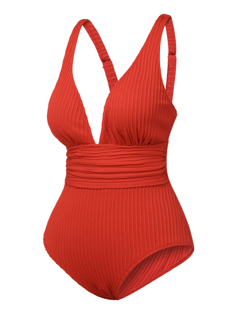 Maillot de bain une pièce rouge uni Col V profond des années 1950