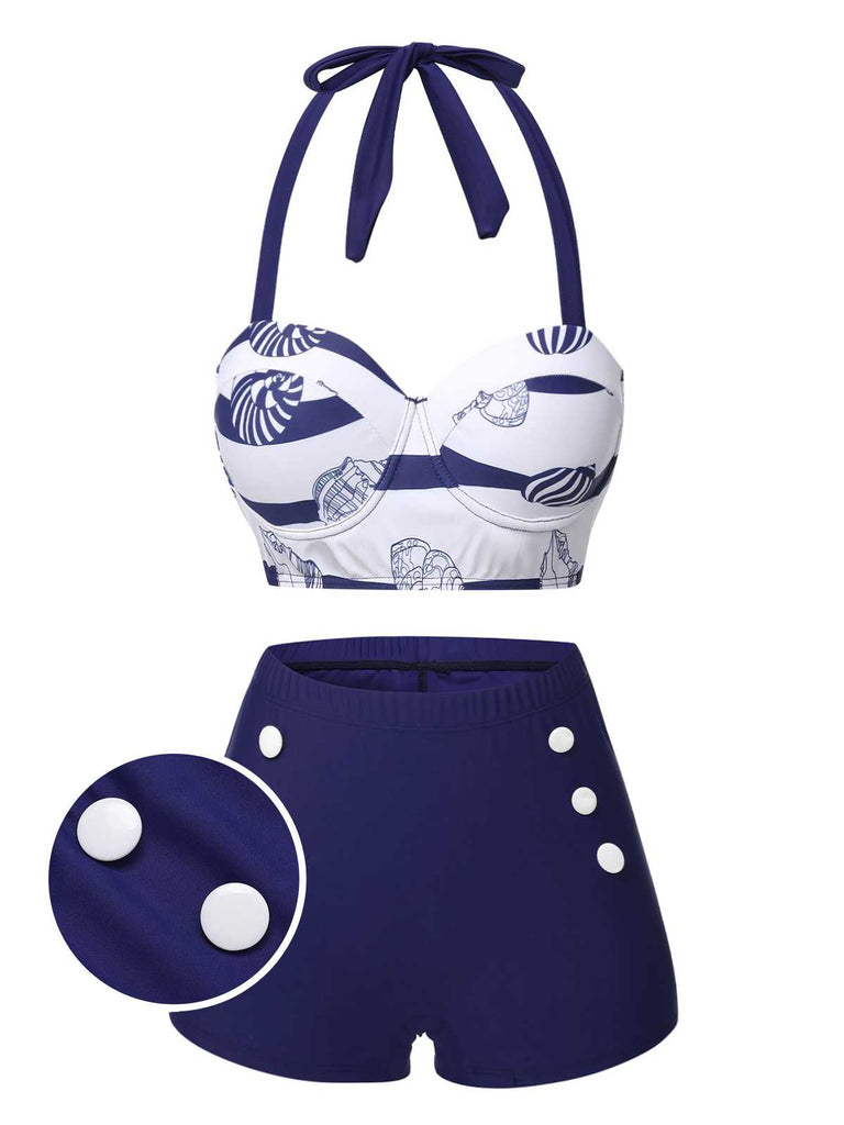 Maillot de bain bleu foncé dos nu à rayures océandes années 1940
