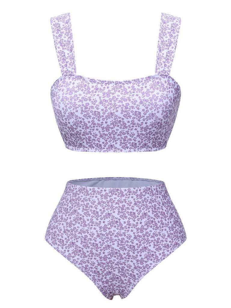 Maillot de bain à bretelles larges et fleuri lavande des années 1950