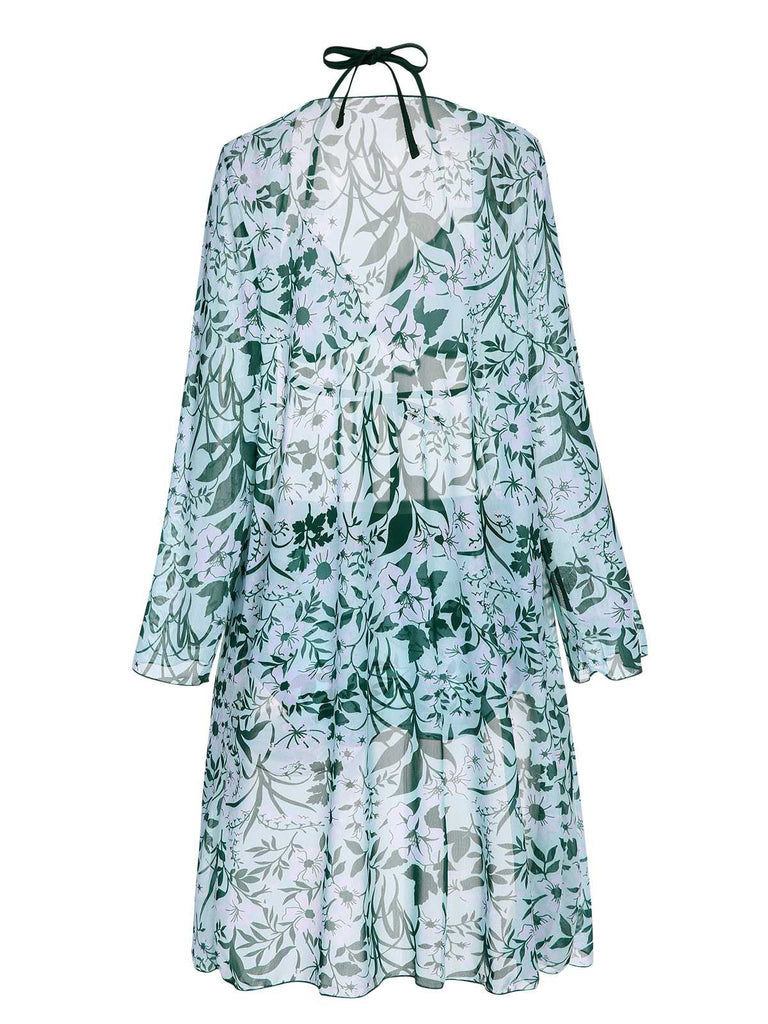 Maillot de bain et cache-maillot vert à imprimé végétal des années 1950