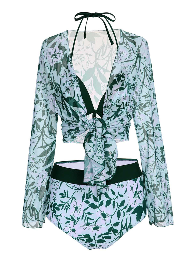 Maillot de bain et cache-maillot vert à imprimé végétal des années 1950