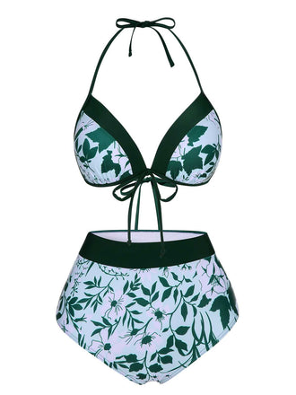 Maillot de bain et cache-maillot vert à imprimé végétal des années 1950