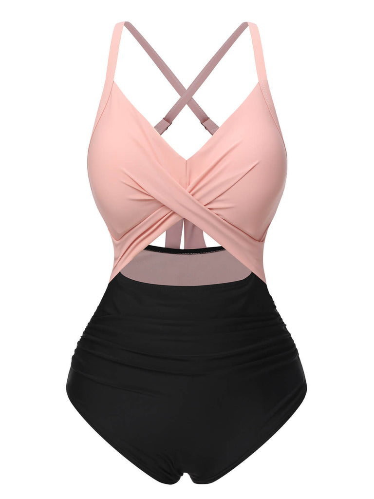 Maillot de bain patchwork taille creuse rouge et noir des années 1940