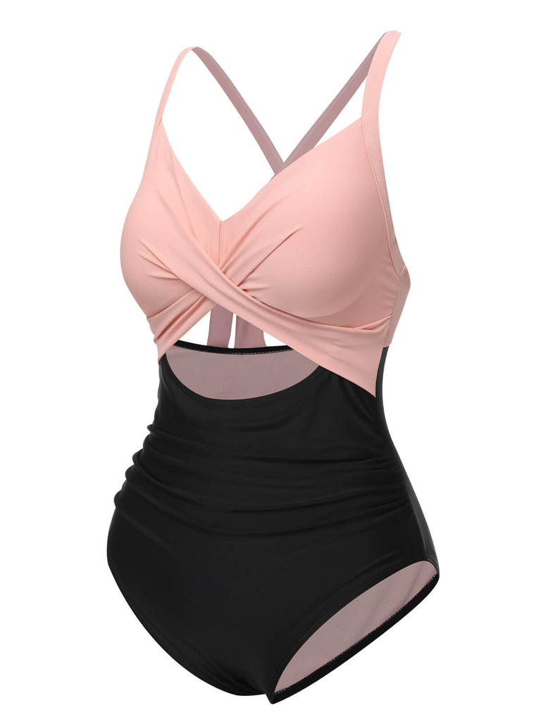 Maillot de bain patchwork taille creuse rouge et noir des années 1940