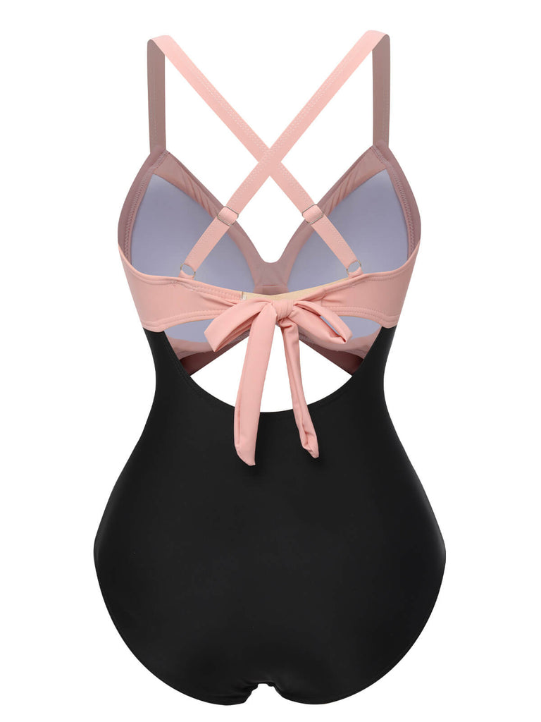 Maillot de bain patchwork taille creuse rouge et noir des années 1940