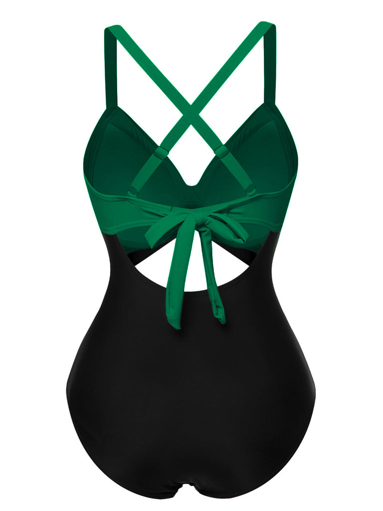 Maillot de bain patchwork taille creuse rouge et noir des années 1940