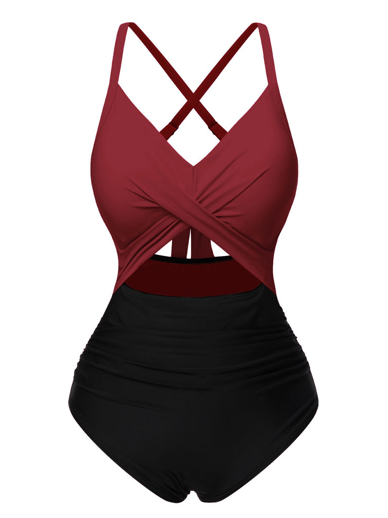 Maillot de bain patchwork taille creuse rouge et noir des années 1940