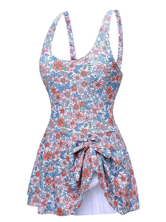 Maillot de bain jupe à larges bretelles à nœud floral des années 1950