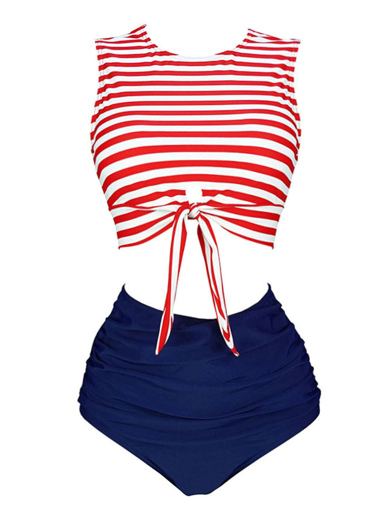 Maillot de bain à rayures à lacets bleu et rouge des années 1970