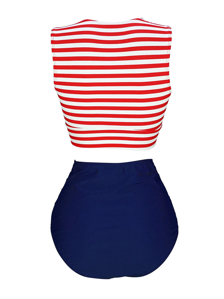 Maillot de bain à rayures à lacets bleu et rouge des années 1970