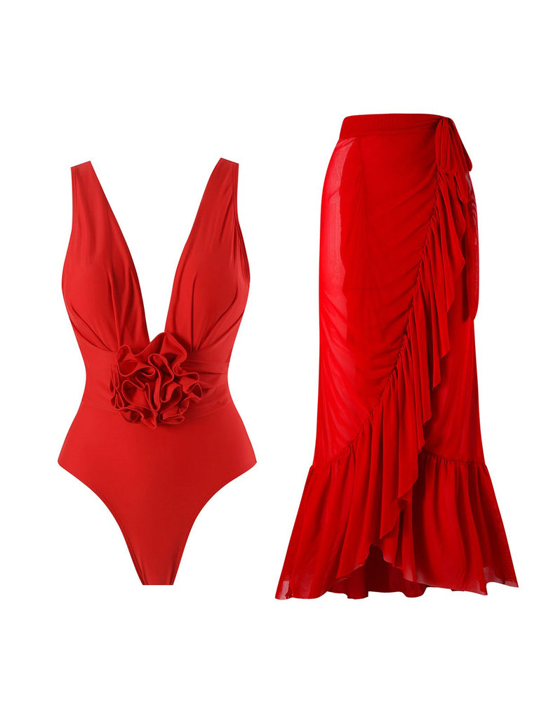 Maillot de bain dos nu rouge uni à fleurs 3D des années 1960
