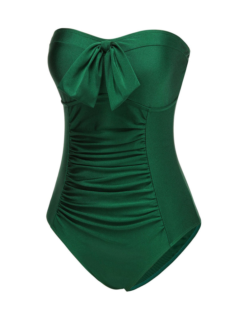 Maillot de bain bandeau plissé vert foncé des années 1970