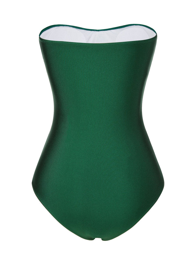 Maillot de bain bandeau plissé vert foncé des années 1970