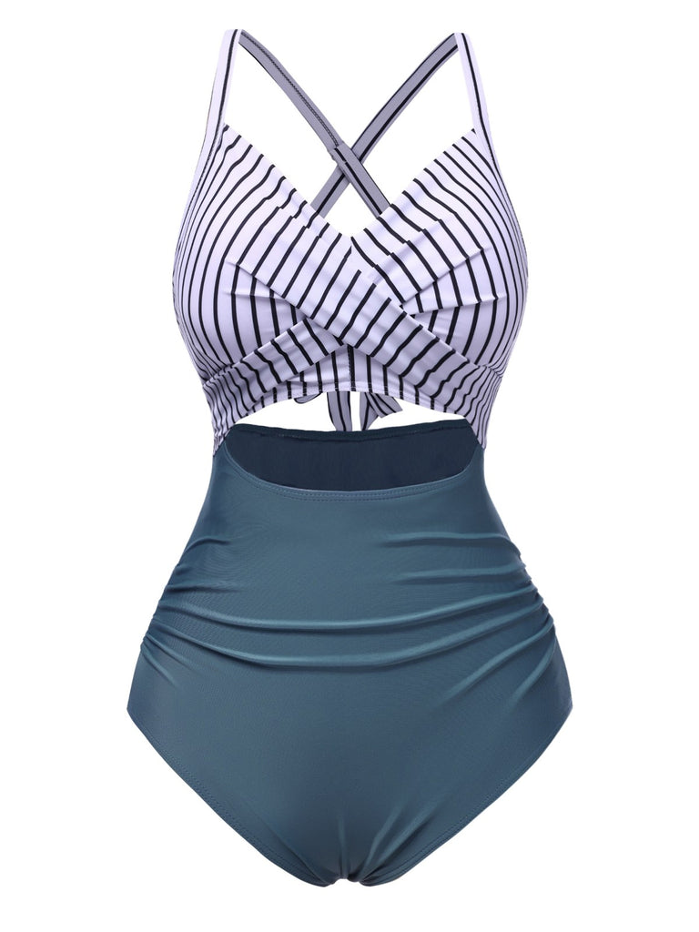 Maillot de bain vert à rayures et patchwork creux années 1940