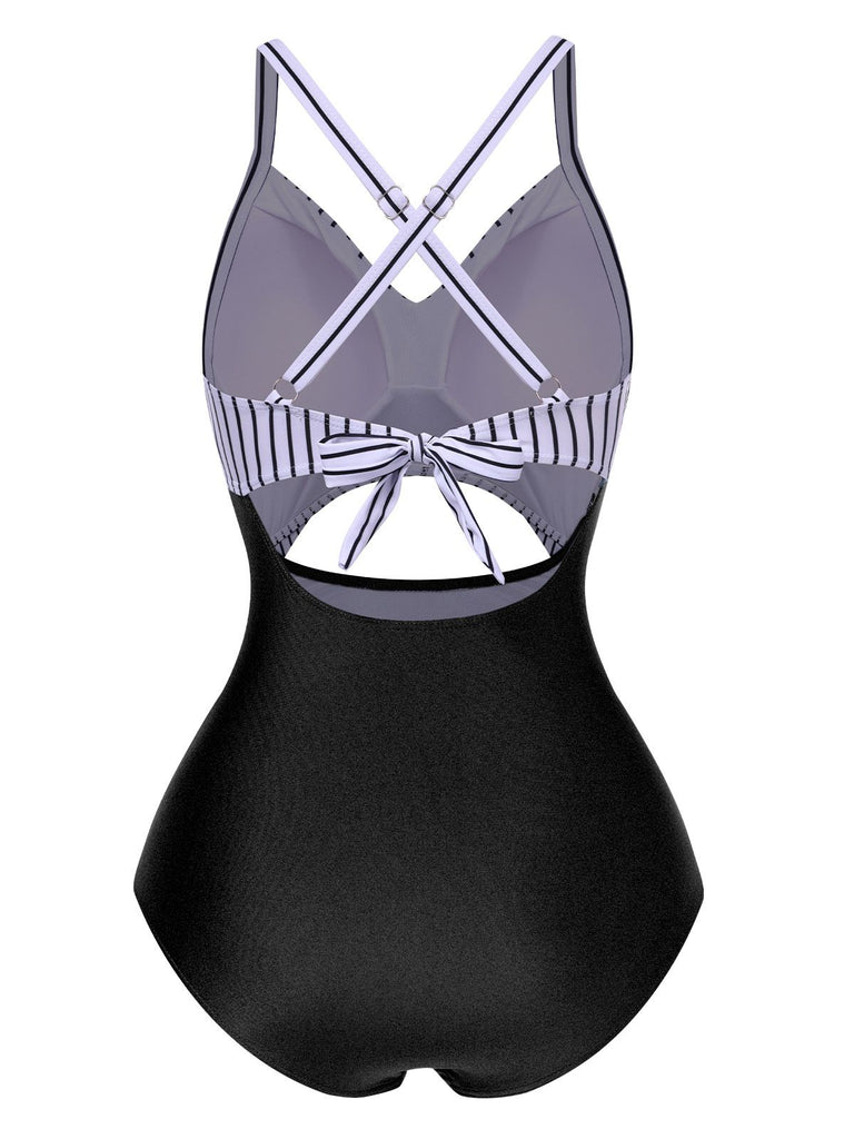 Maillot de bain vert à rayures et patchwork creux années 1940