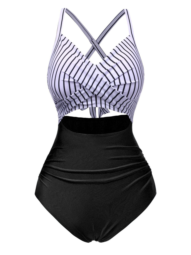 Maillot de bain vert à rayures et patchwork creux années 1940