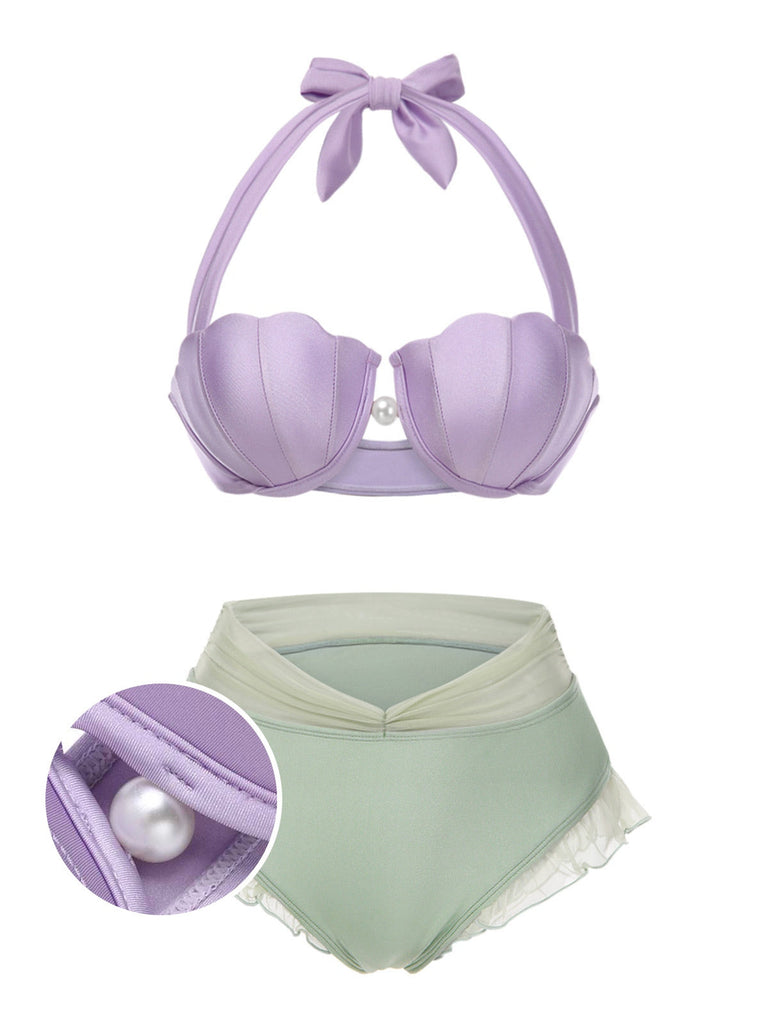 Ensemble bikini licou coquille sirène jaune des années 1970