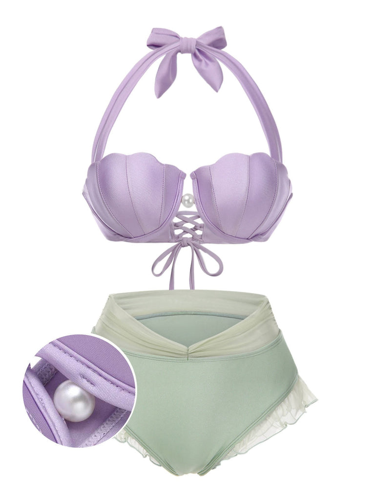 Ensemble bikini licou coquille sirène rose années 1970