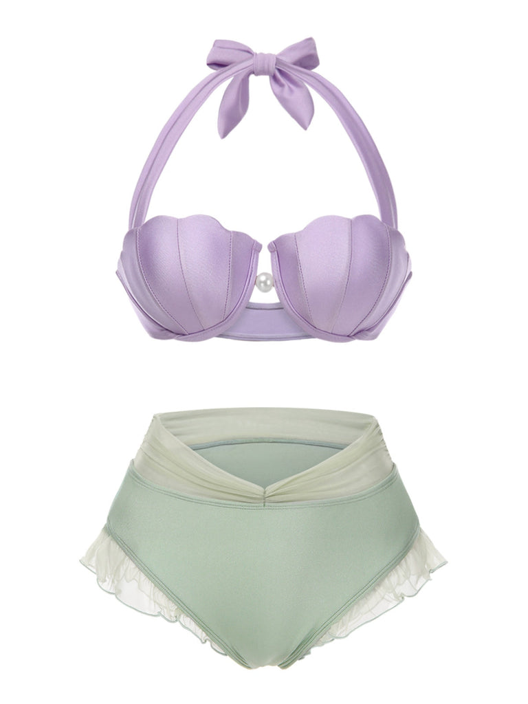 Ensemble bikini licou coquille sirène jaune des années 1970