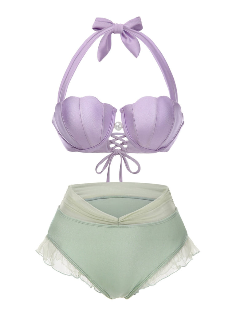 Ensemble bikini licou coquille sirène rose années 1970