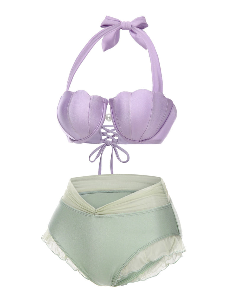 Ensemble bikini licou coquille sirène rose années 1970