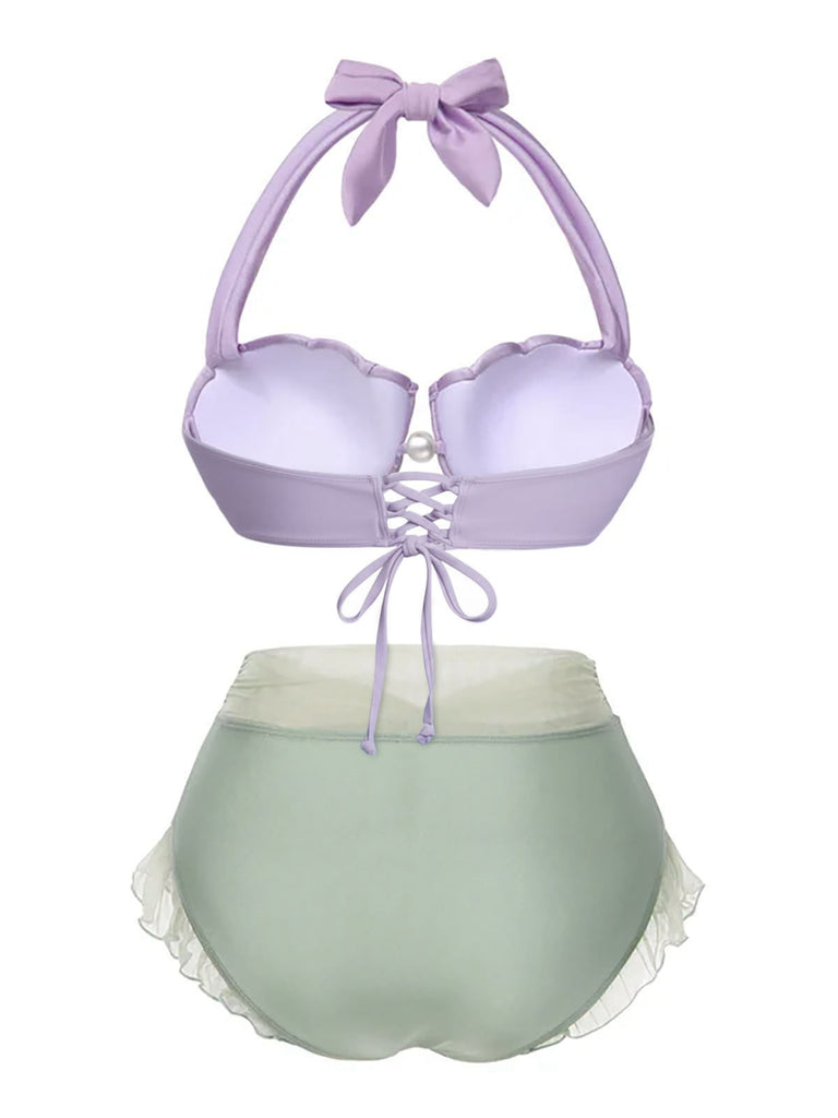 Ensemble bikini licou coquille sirène rose années 1970