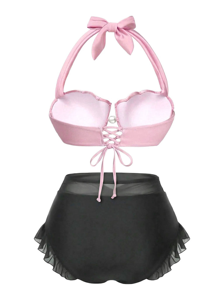 Ensemble bikini licou coquille sirène rose années 1970