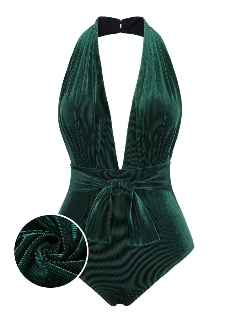 Maillot de bain col V profond en velours vin rouge des années 1970
