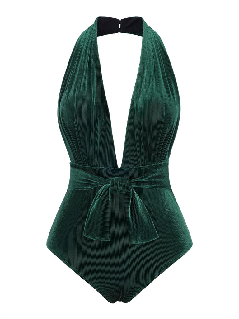 Maillot de bain col V profond en velours vin rouge des années 1970