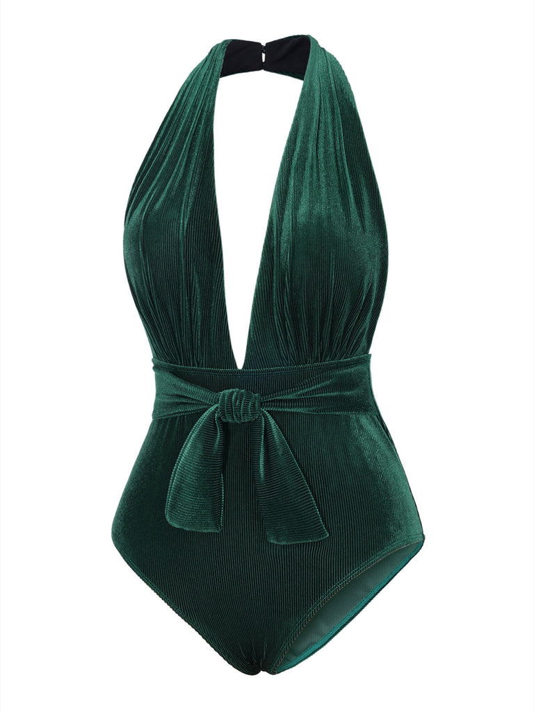 Maillot de bain col V profond en velours vin rouge des années 1970