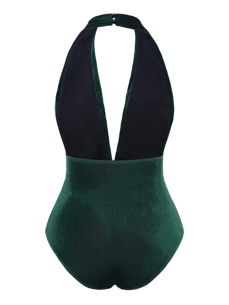 Maillot de bain col V profond en velours vin rouge des années 1970