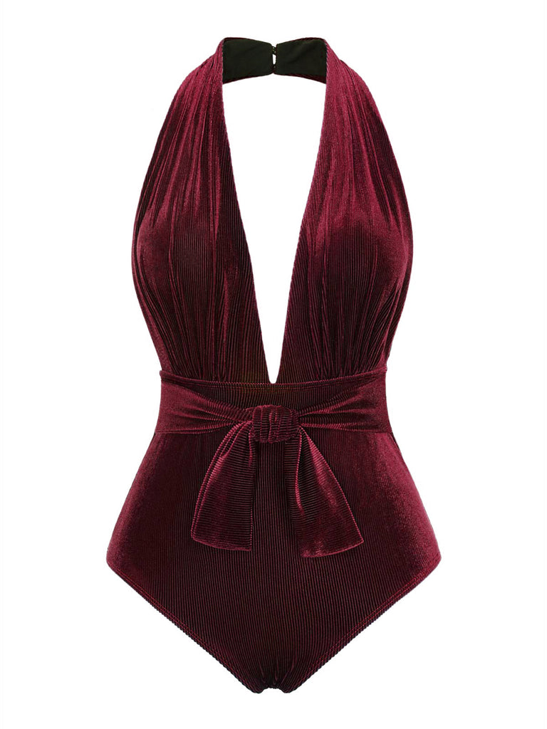 Maillot de bain col V profond en velours vin rouge des années 1970