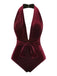 Maillot de bain col V profond en velours vin rouge des années 1970