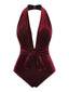 Maillot de bain col V profond en velours vin rouge des années 1970