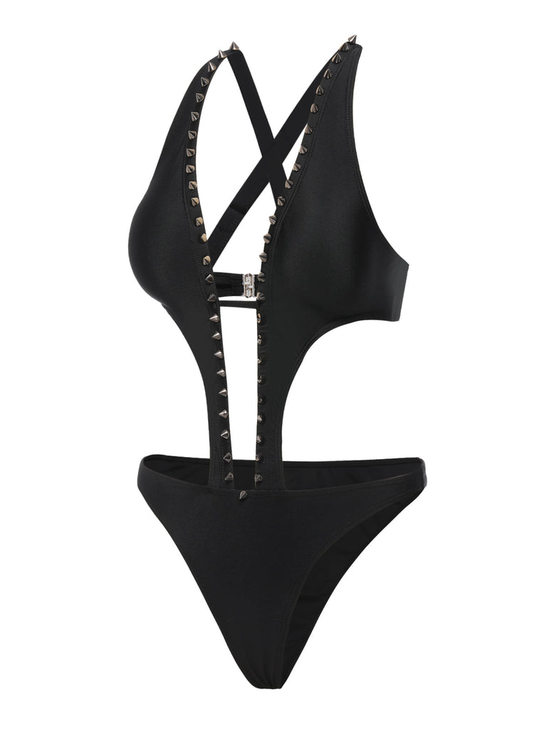 Maillot de bain une pièce noir à découpes cloutées des années 1970