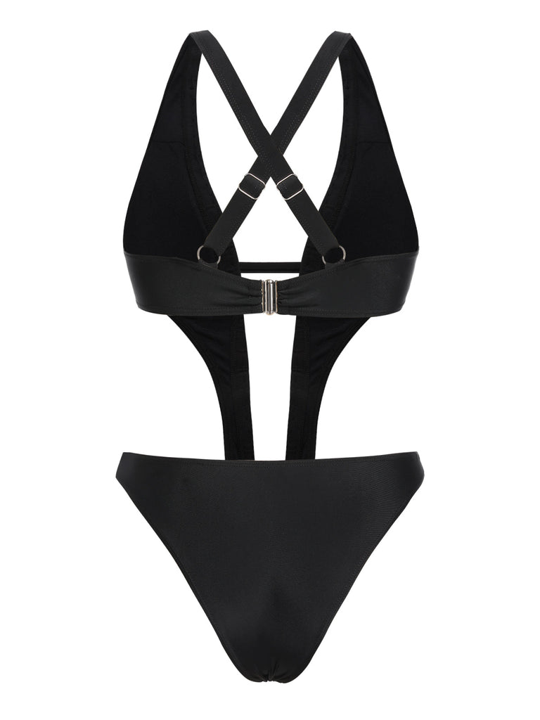 Maillot de bain une pièce noir à découpes cloutées des années 1970