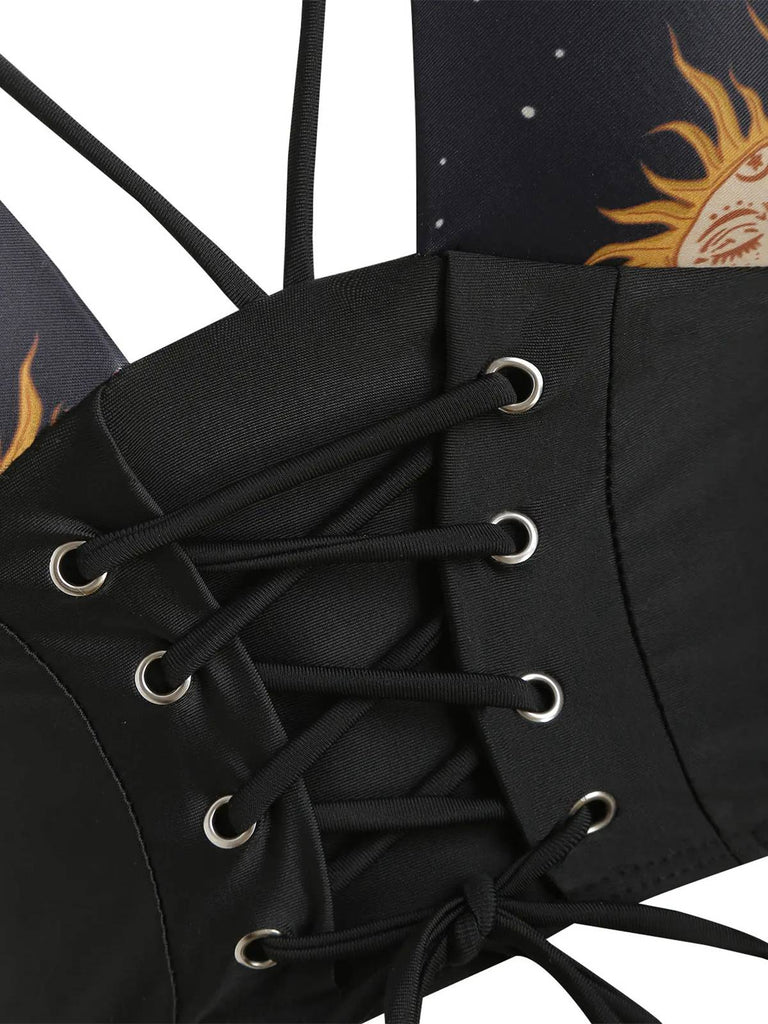 Maillot de bain à lacets noir Soleil Lune Étoiles années 40