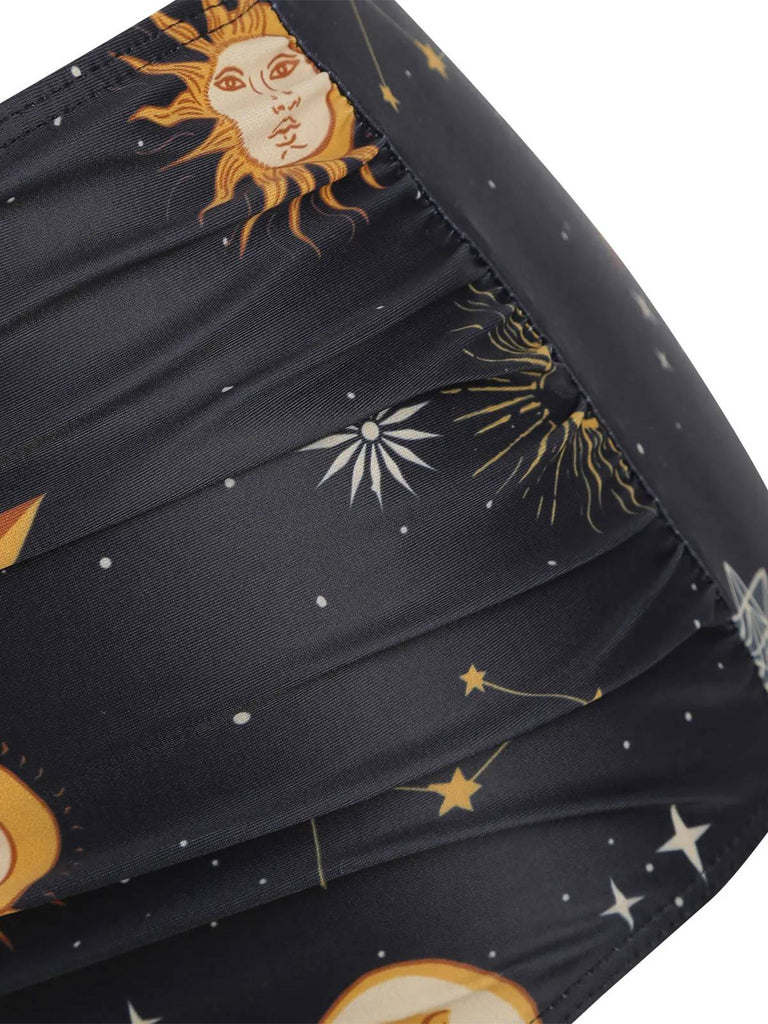 Maillot de bain à lacets noir Soleil Lune Étoiles années 40