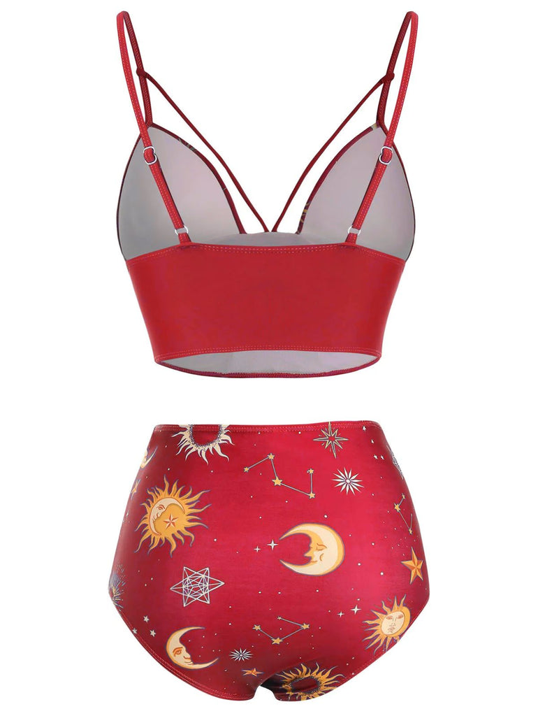 Maillot de bain à lacets noir Soleil Lune Étoiles années 40