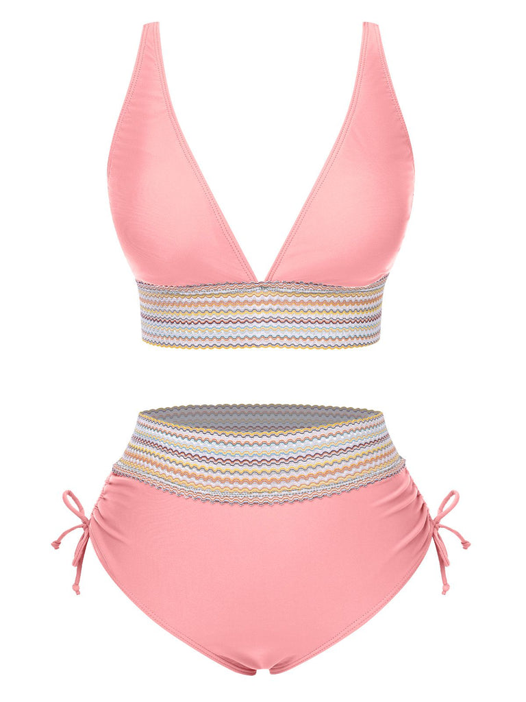 Ensemble de bikini col V patchwork style bohème années 1970