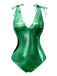 Maillot de bain rose avec nœud profond en V brillant creux années 70