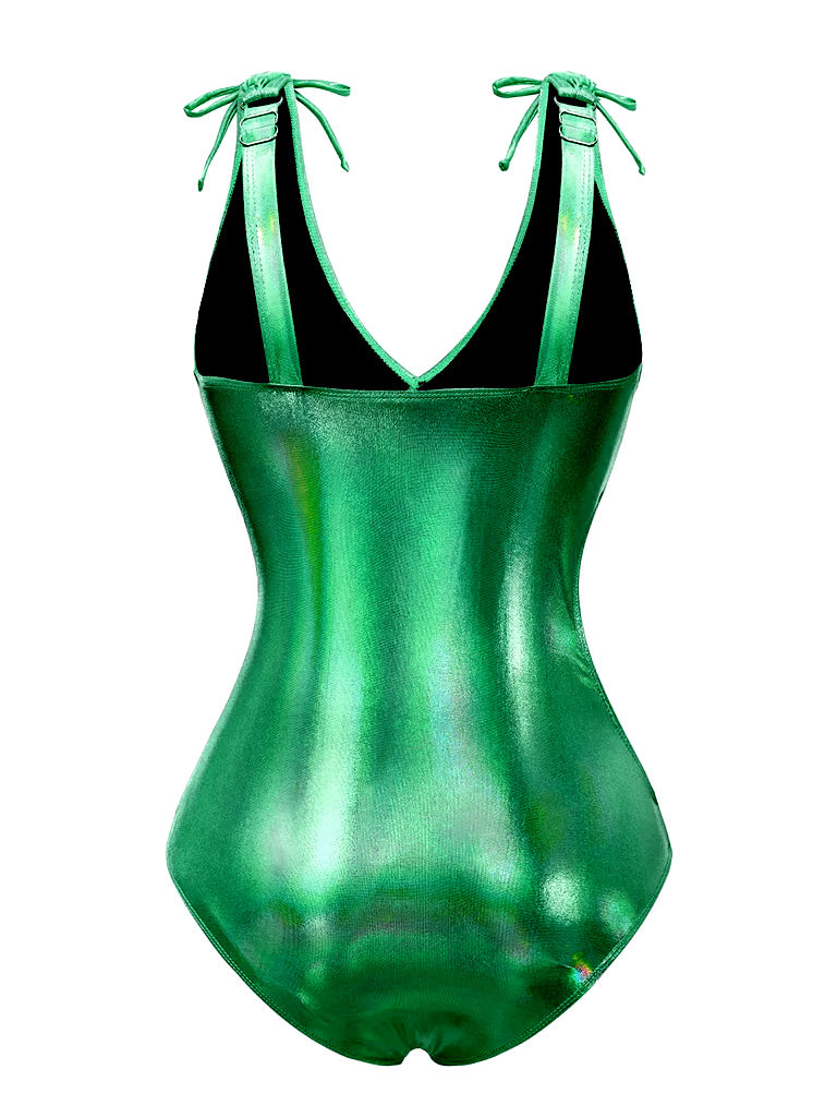 Maillot de bain rose avec nœud profond en V brillant creux années 70