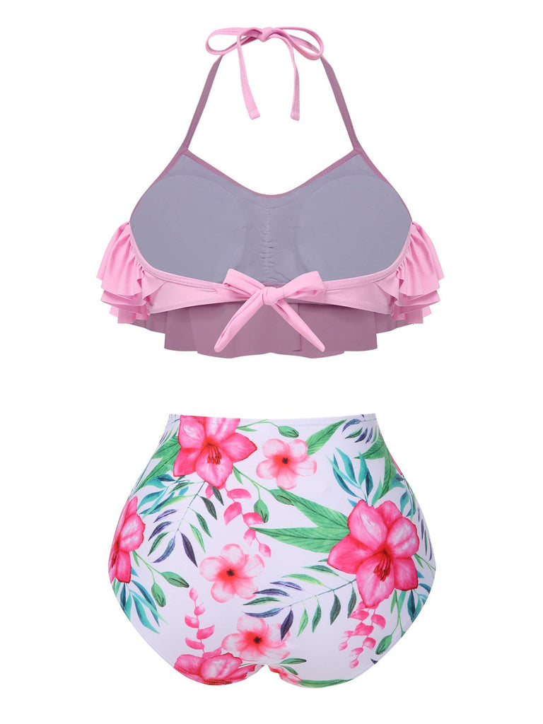 Maillot de bain dos nu à volants rose des années 1930