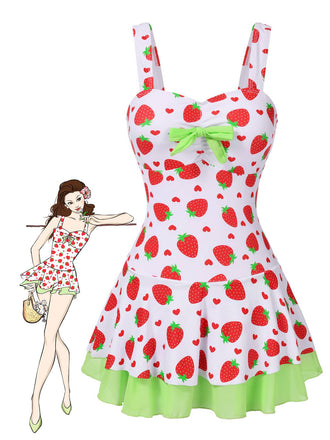 Maillot de bain robe rouge et vert avec nœud à fraises des années 40