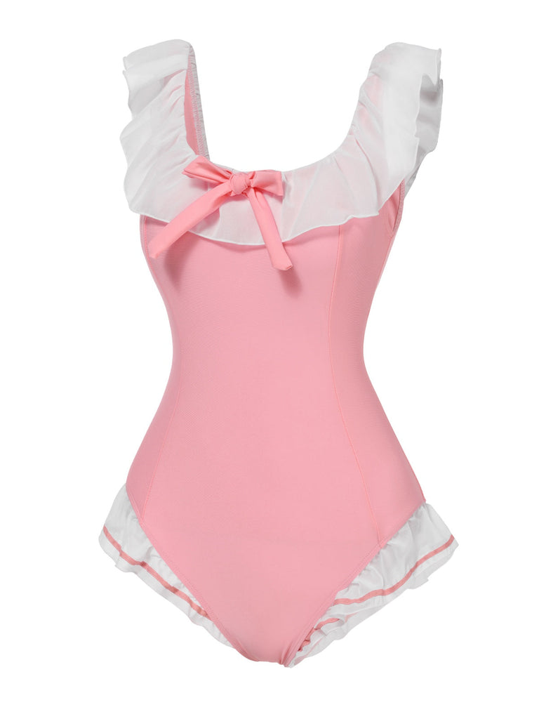 Maillot de bain une pièce rose à revers nœud papillon des années 1950