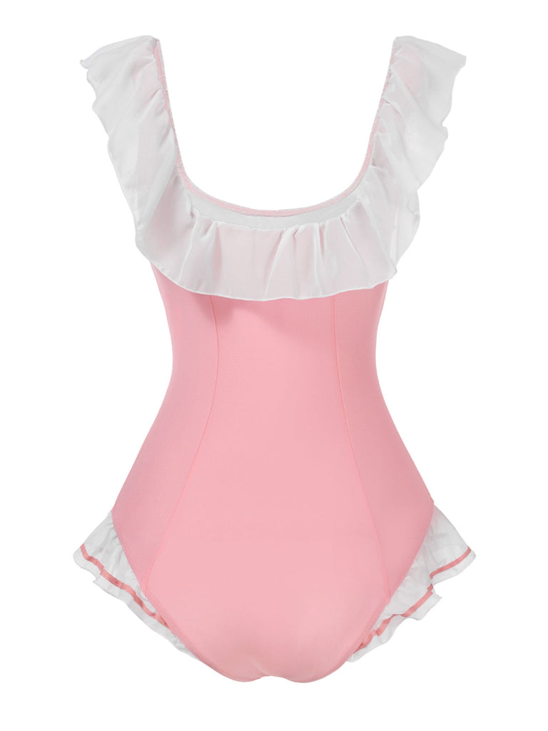 Maillot de bain une pièce rose à revers nœud papillon des années 1950