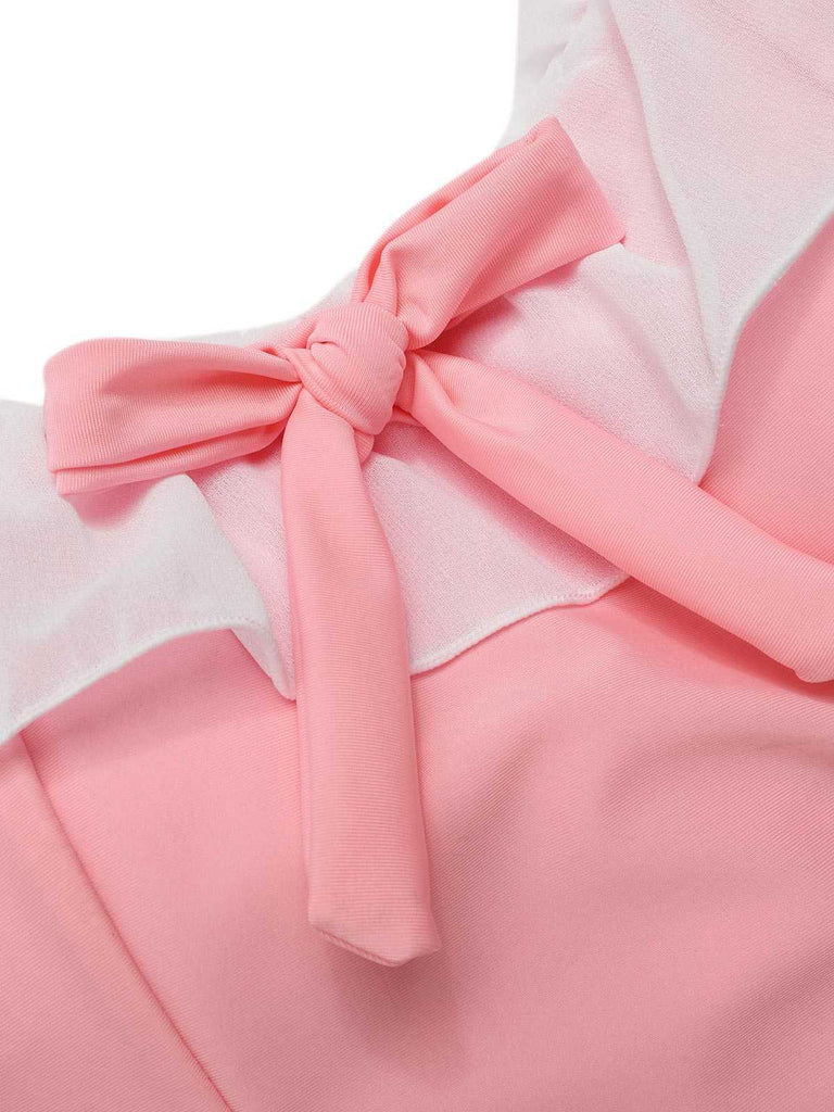 Maillot de bain une pièce rose à revers nœud papillon des années 1950